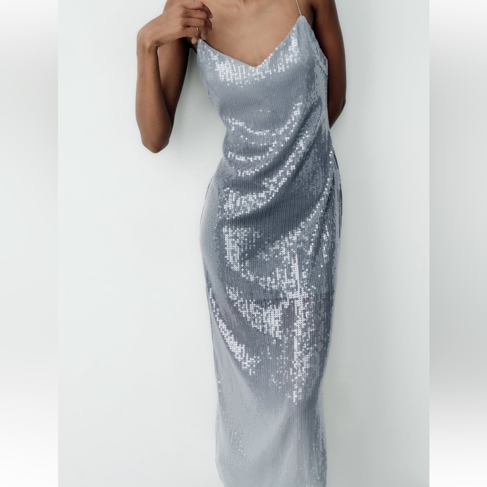 Zara NWT sequin midi dress silver - Picture 10 of 11